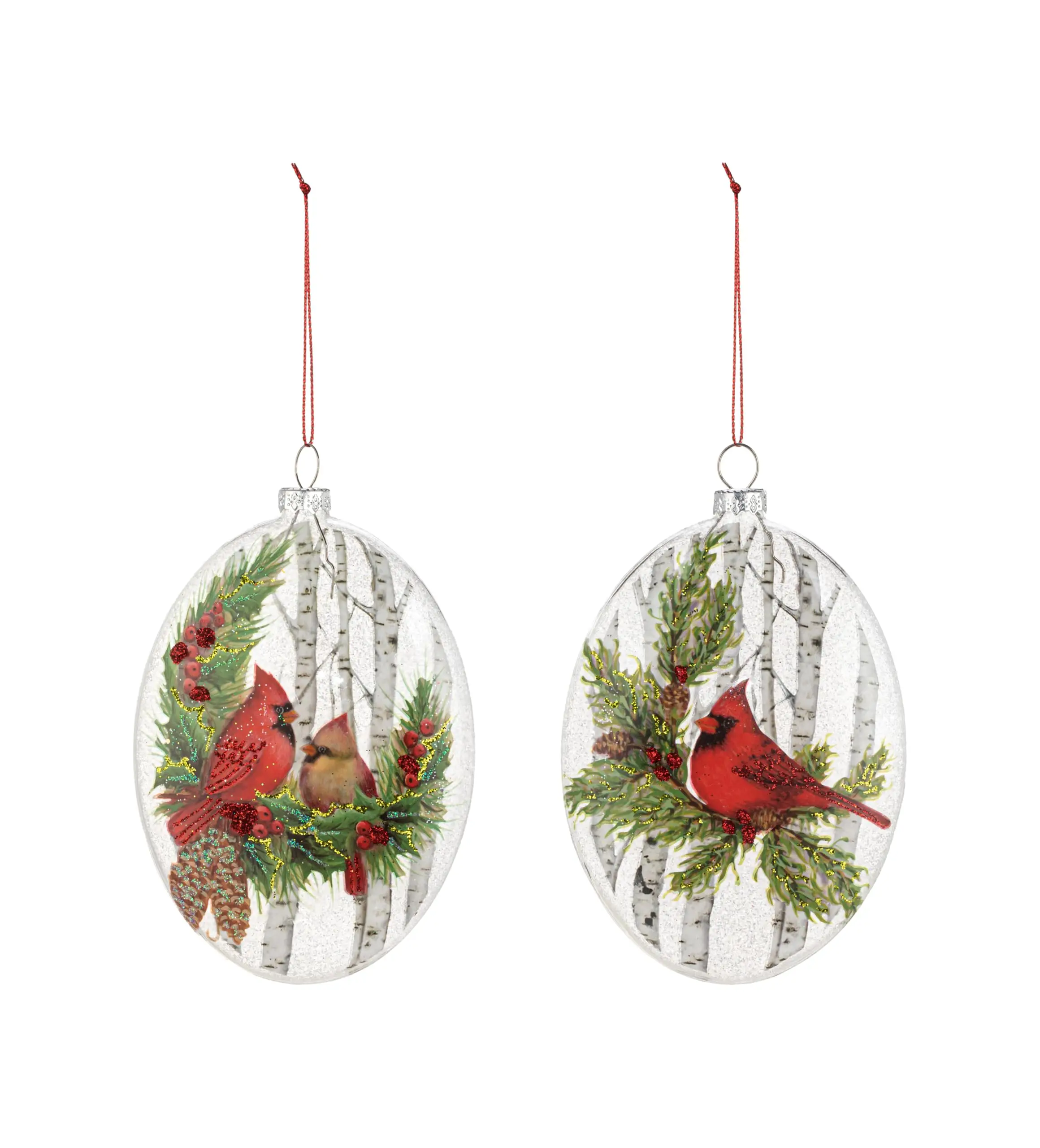 

Glass Oval Christmas Ornament With Cardinal Birds And Birch Trees Set Of 2