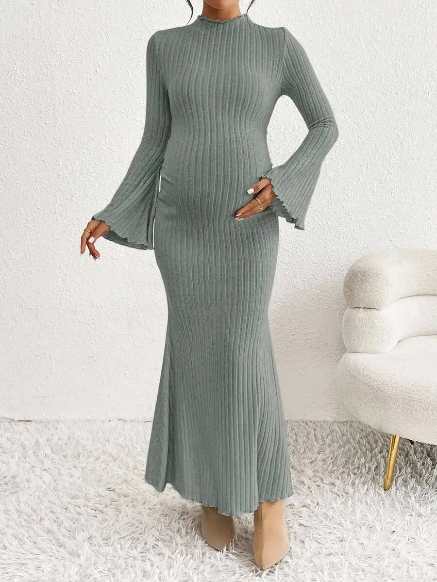

Elegant Sage Green Maternity Maxi Dress Long Sleeve Ribbed Knit Flare Sleeve Solid Color