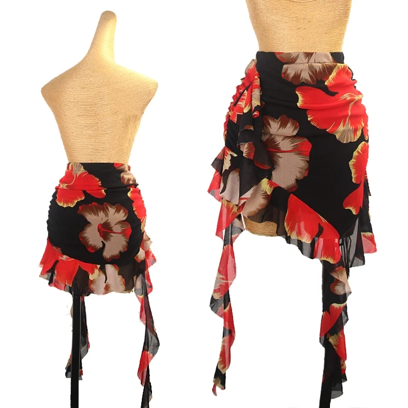 

Irregular Latin Dance Skirt Women Practice Clothes Adult Cha Cha Rumba Dance Clothing Flower Black Salsa Dance Skirt DNV21161