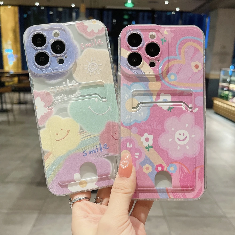 For OPPO A57 A77 5G 2022 A7 A5S A12 A36 A76 A94 A74 4G A95 A94 A78 A58 A74 A56S Wallet Case Card Holder Smile Flower Cases