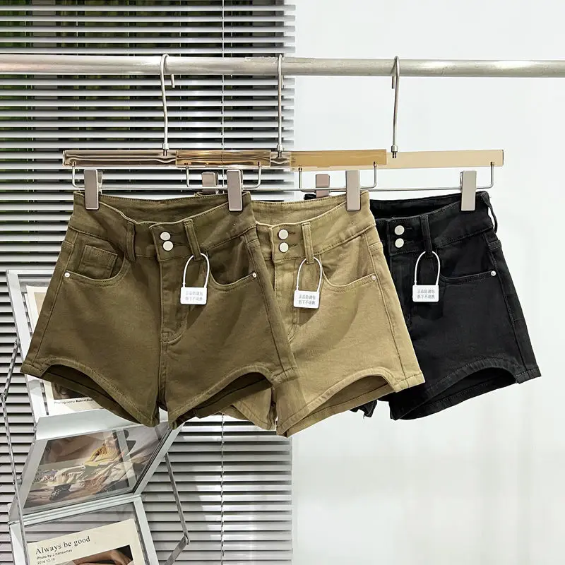 

Women Korean Retro Y2k Shorts Pants Lady Vintage High Street Hot Pants Female Khaki Low Waist Elastic Wrapped Hip Short Jeans