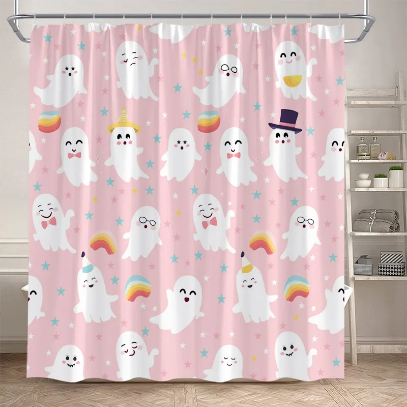 Pink Halloween Shower Curtains Black Cat Witch Butterfly Snail Mushroom Bath Curtain Polyester Fabric Bathroom Decor with Hooks