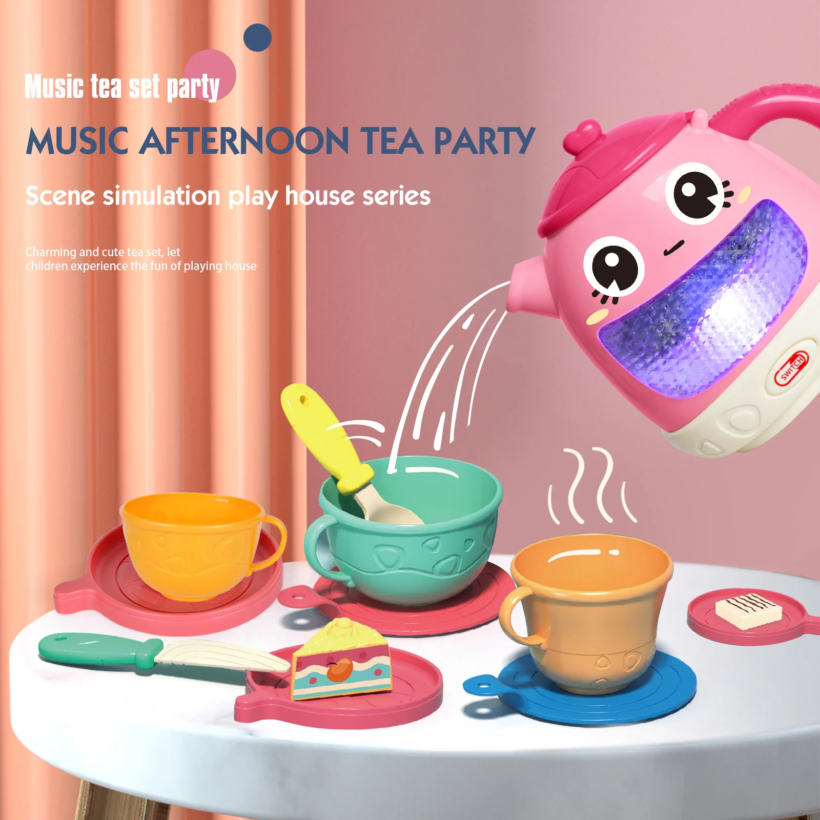 48 PCS Tea Set for Little Girls,For Toddlers Including Kettle with Music & Light, Cookies