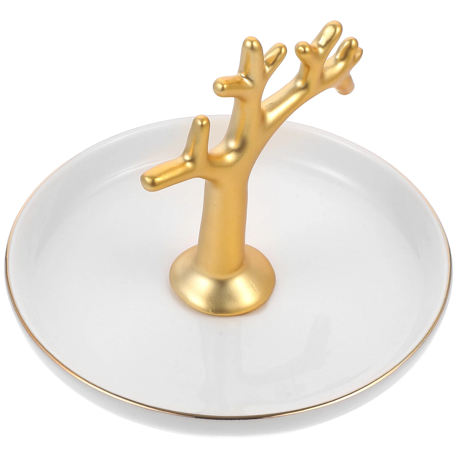 1pc Plated Ceramic Jewelry Plate Jewelry Tray Organizer Bird Branches Shape Ring Plate for Home (White + Golden)
