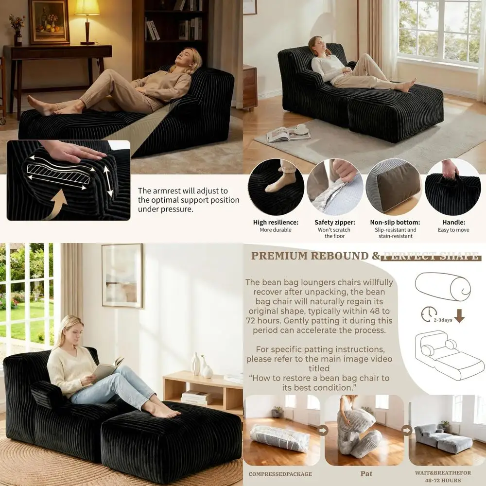 Large Striped Bean Bag Chair with Memory Foam and Armrests for Living Room, Bedroom, Dorm, or Balcony