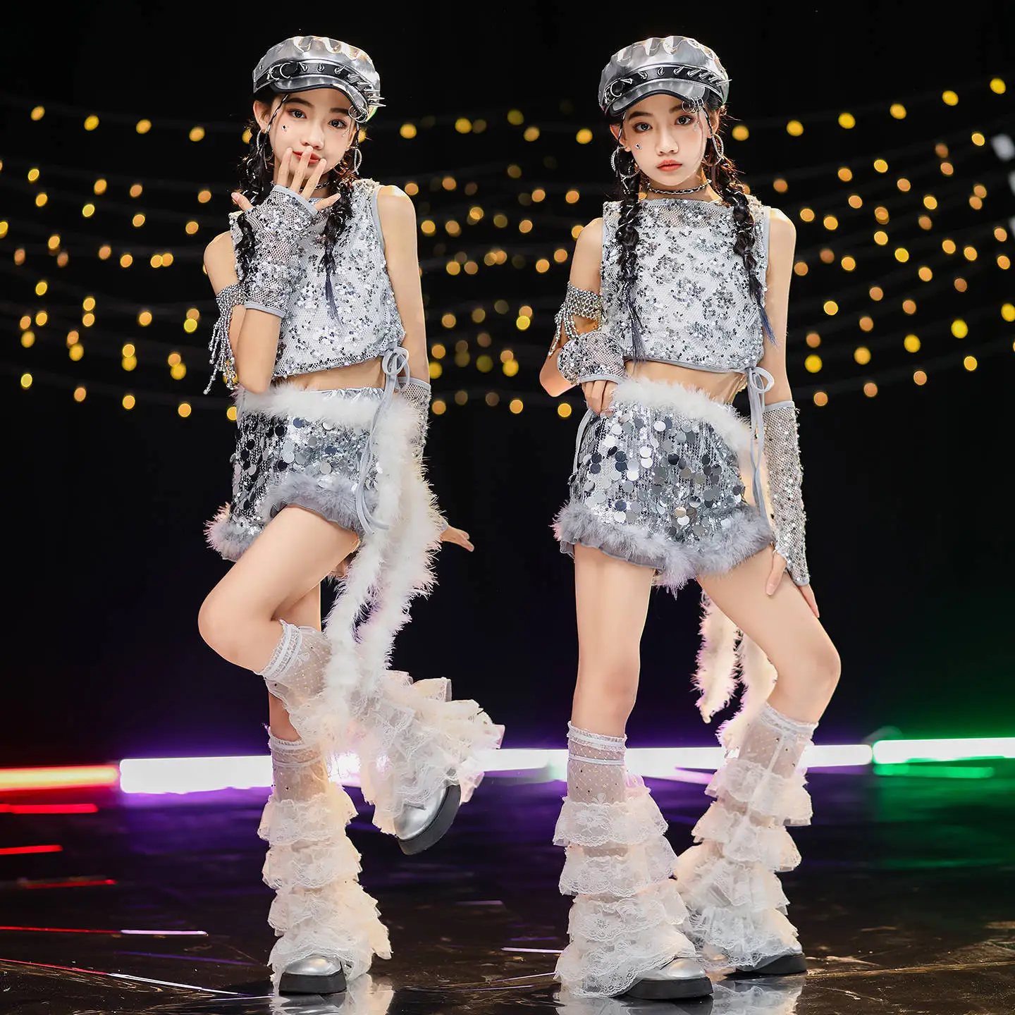 

Kid Kpop Hip Hop Clothing Silver Sequined Lace up Hoodie Crop Tank Top Plush Hem Shorts for Girl Jazz Dance Wear Costume Clothes