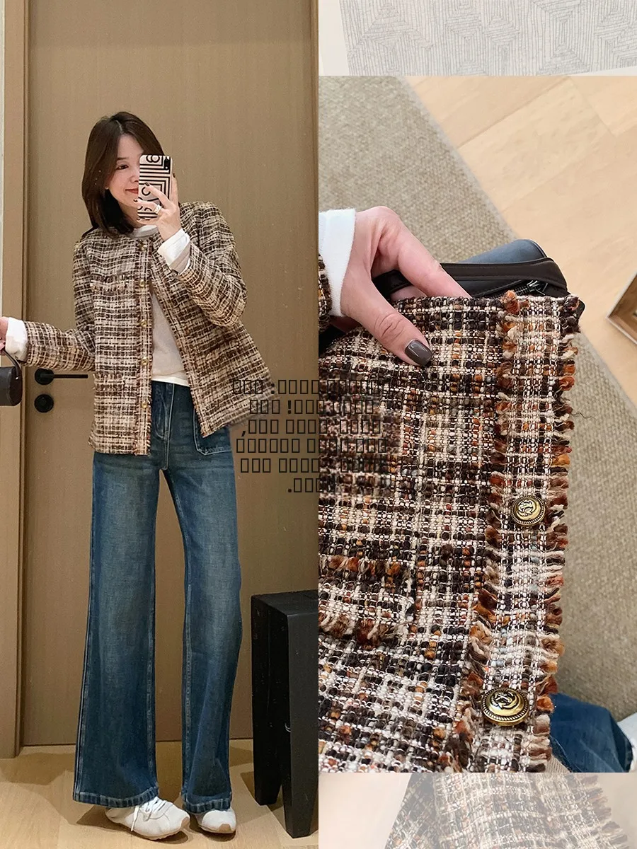 

Верхняя одежда в клетку ручной вязки, осеннее шелковое пальто с меховым цветочным принтом, маленькое пальто из смеси шерсти из полиэстера, длинное пальто све