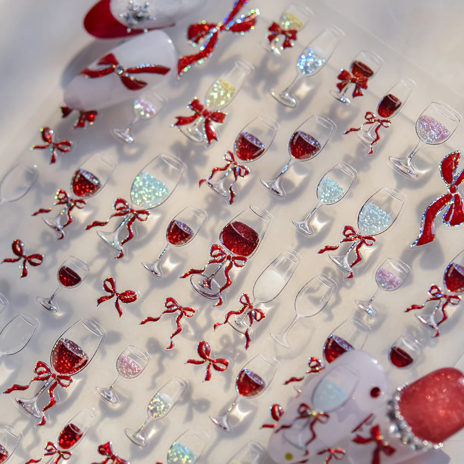 Shiny Sparkling Wine Bowknot Sexy Red Grape Cocktail Goblet Cup Soda Liquid Self Adhesive Nail Art Stickers 5D Manicure Decals