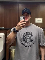 Korean Summer Muscle Tiger Print Brothers Men's Running Training Pure Cotton Pure Cotton Men's Gym Multi-color T-shirt