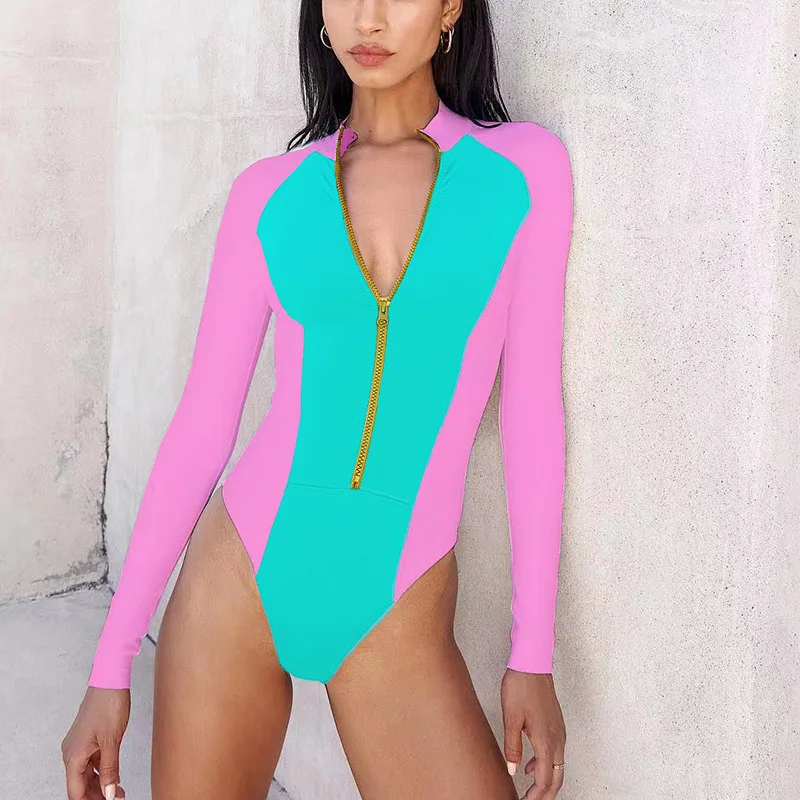 New Sexy Long Sleeves Surf Wear Women Swimwear Color Match Zipper Swimsuit Bathing Suit 2024 Summer Beachwear Female Bodysuit