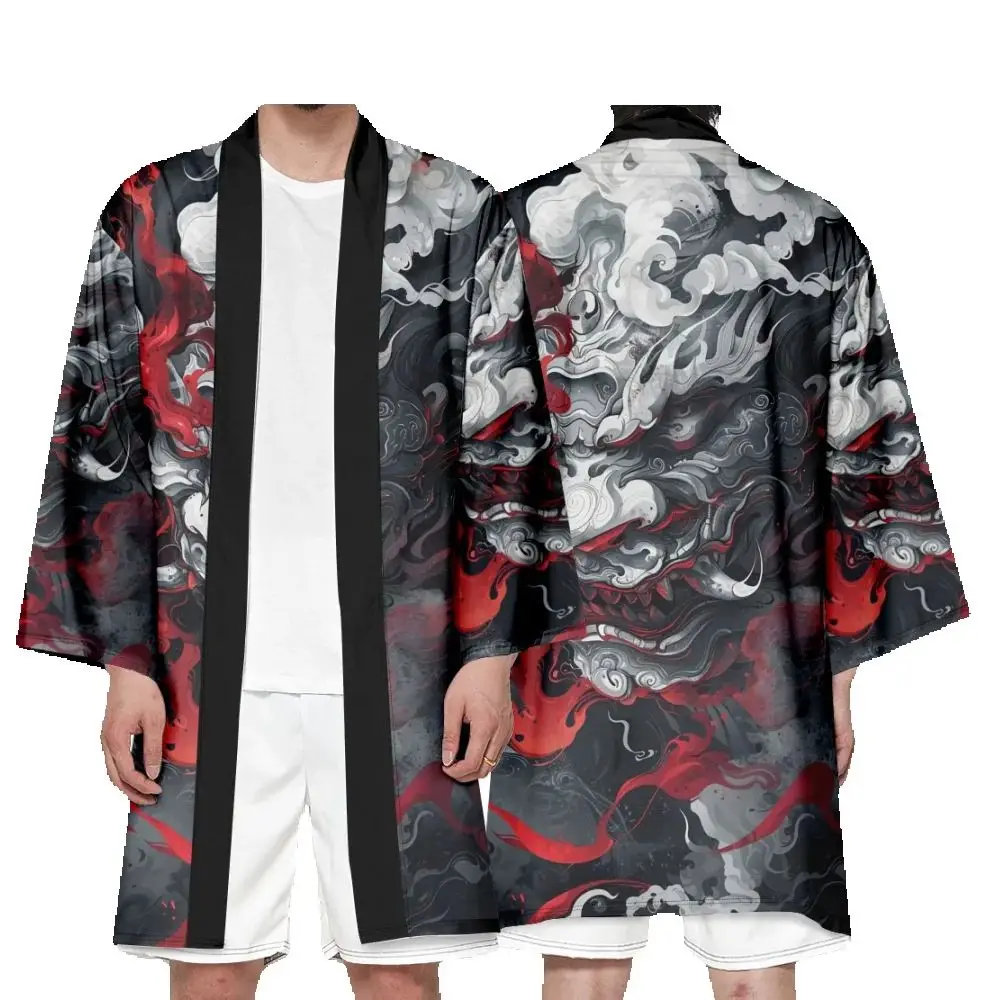 Japanese Streetwear Demon Print Fashion Long Cardigan Men Women Beach Kimono Summer Black Haori Yukata Harajuku Tops