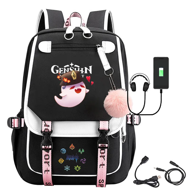 Game Genshin Impact Backpack Boys Girls Anime Cartoon Oxford Waterproof Belts Ball USB Interface Schoolbag Women Men Backpack