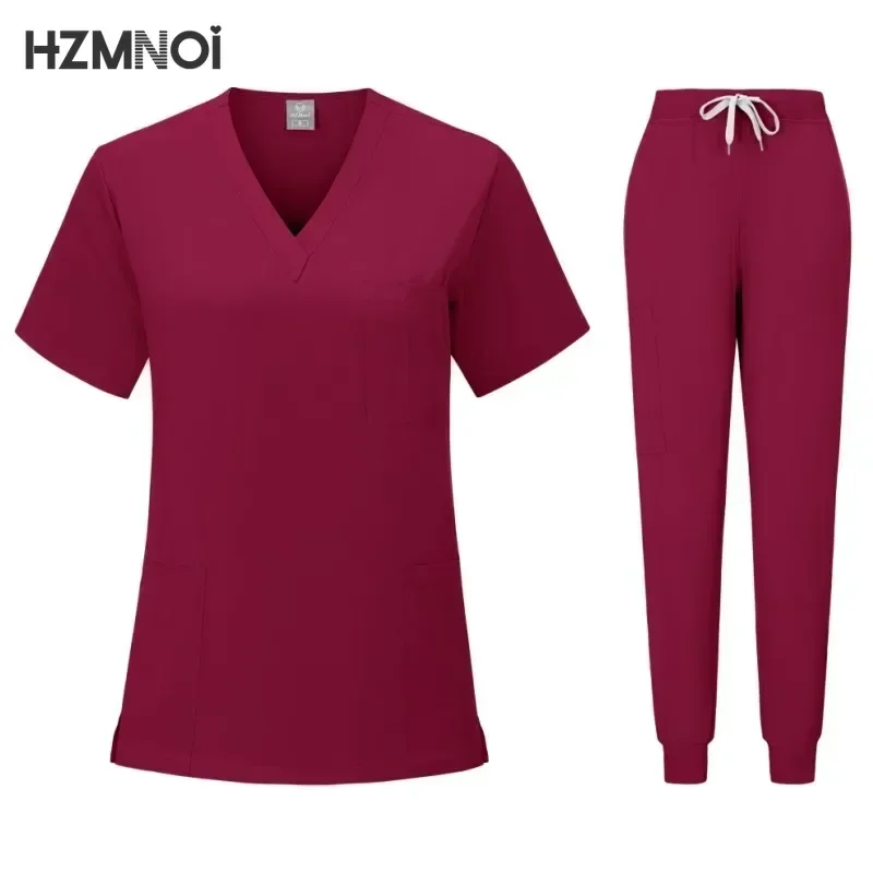 เครื่องแบบพยาบาลผู้หญิงแขนสั้น V คอด้านบนขัด Jogger กางเกง Medical Scrubs ชุดผู้หญิงฤดูร้อน Casual Uniformes Clinicos Mujer