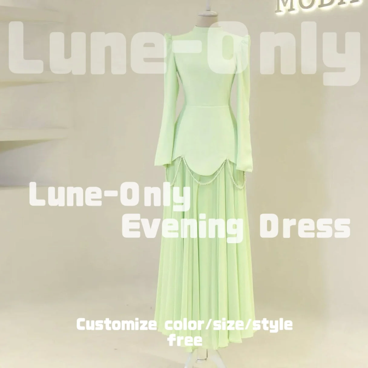 カスタマイズされたビーズ装飾が施されたヴィンテージ風イブニングドレス、長袖、ラウンドネック、エレガントなパーティードレス、プロム、フォーマルドレス