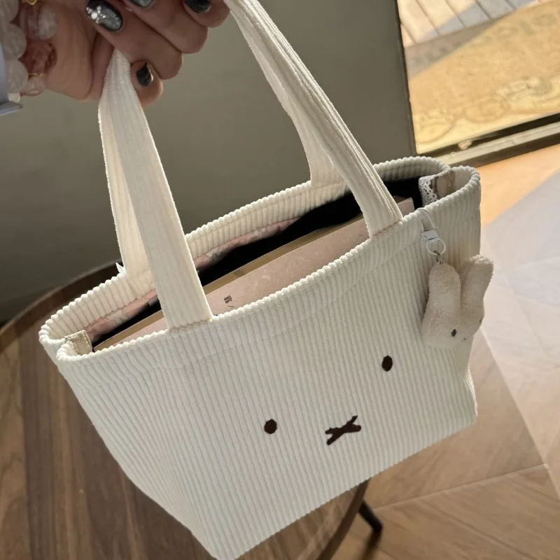 

Новая вельветовая сумка Kawaii Miffy кремово-белого цвета с вышивкой, вельветовая универсальная портативная дорожная сумка большой вместимости, подарок для девочек