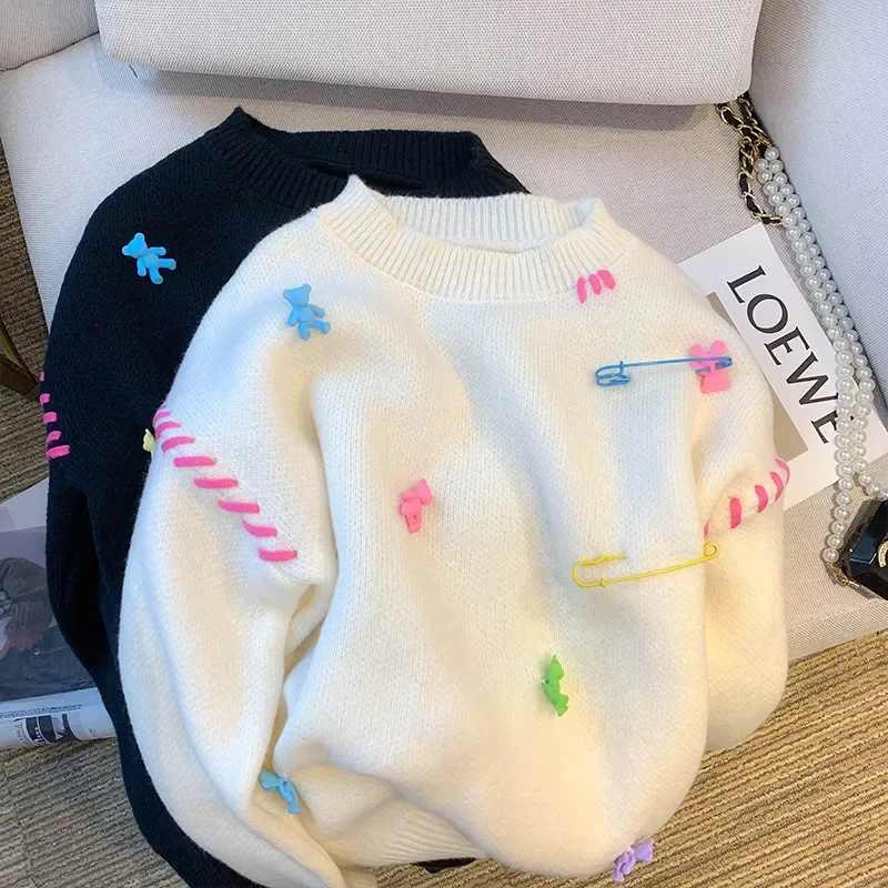 Harajuku Korean Kawaii Sweater Rainbow Bear Pin Cartoon Jumper Pullover for Girls Autumn Winter O-neck Loose Preppy Students Y2K