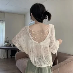 Thin French Sweet Knit Sunscreen Coverall Women Pullover Outer Backless Design Pearl See Through Long Sleeve Top Sexy