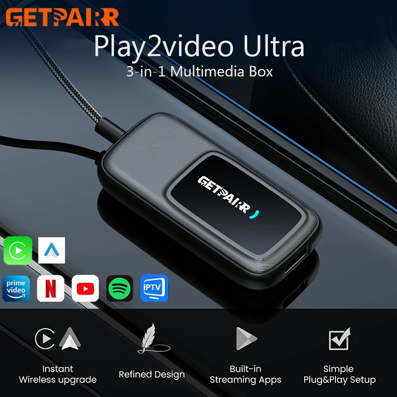 Getpairr Play2Video Ultra Ai Box Wireless Carplay Android Auto Adapter Built in Youtube Netflix Video Box For 98% of Cars