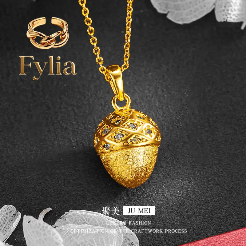 

Fylia Jewelry Luxury 24K 9999 Pure Gold real gold French Brushed Diamond Small Pine Fruit Pendant Necklace