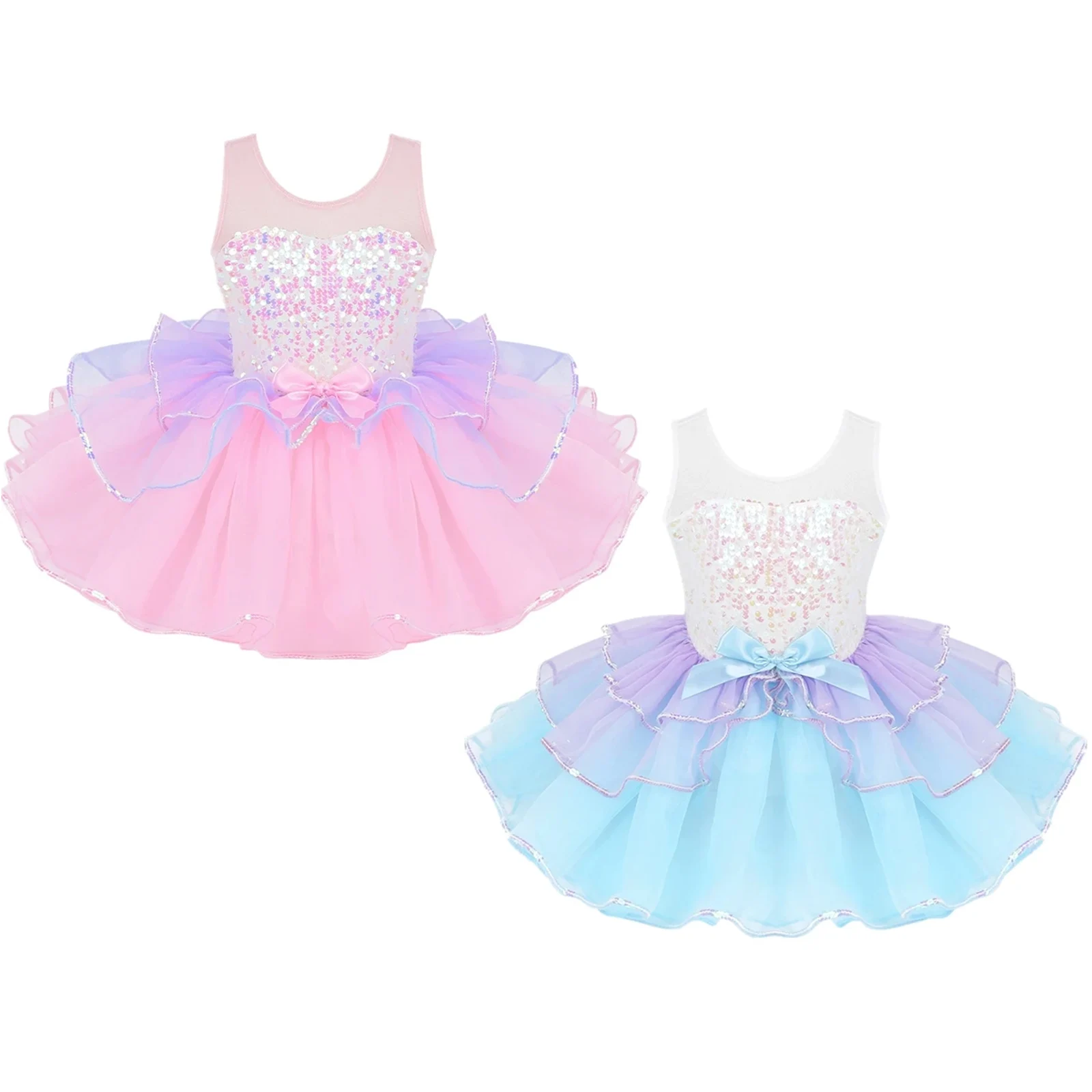 Child Tutu Ballet Dress Girls Ballerina Tulle Costume Sequins Mesh Splice Bowknot on Waist Gymnastics Leotard Kids Dancewear