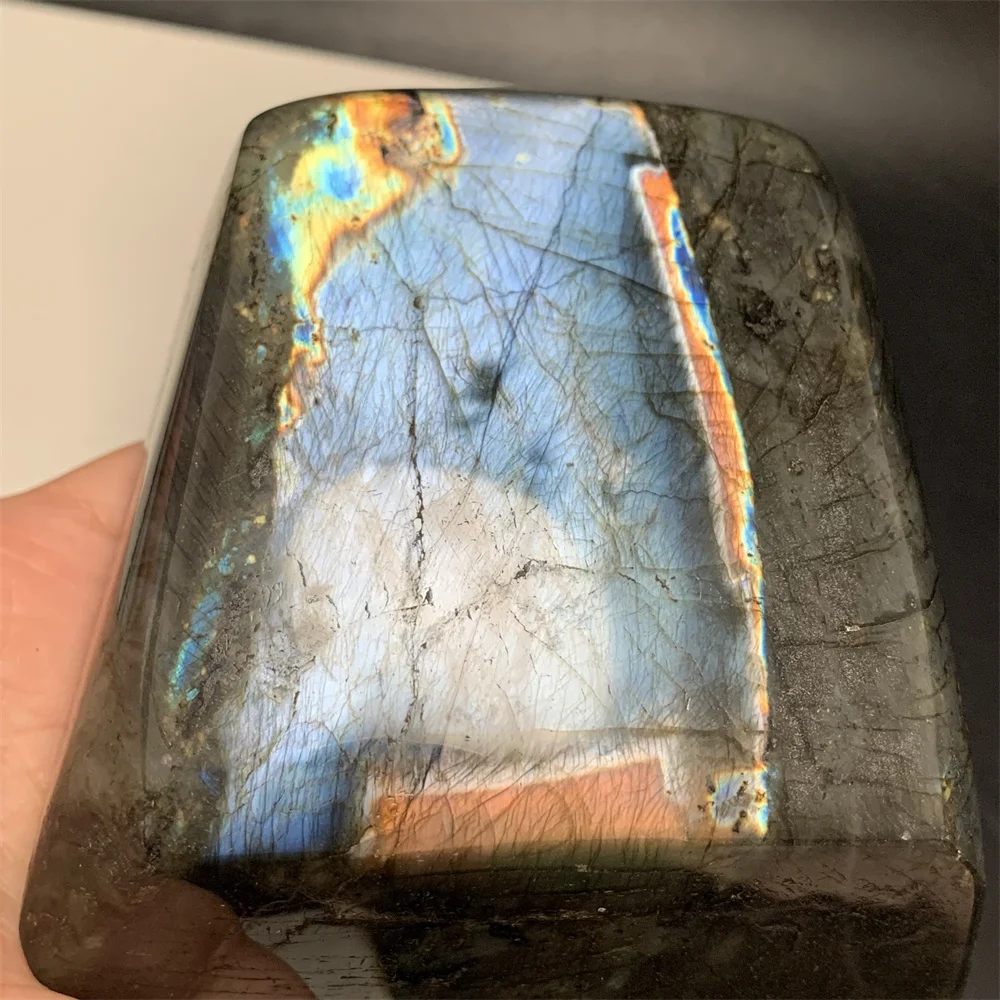 Natural Silver Blue Gray Green Light Labradorite Specimen Big Black Body Ornament Colorful Orange Purple Light Labrador Blocks