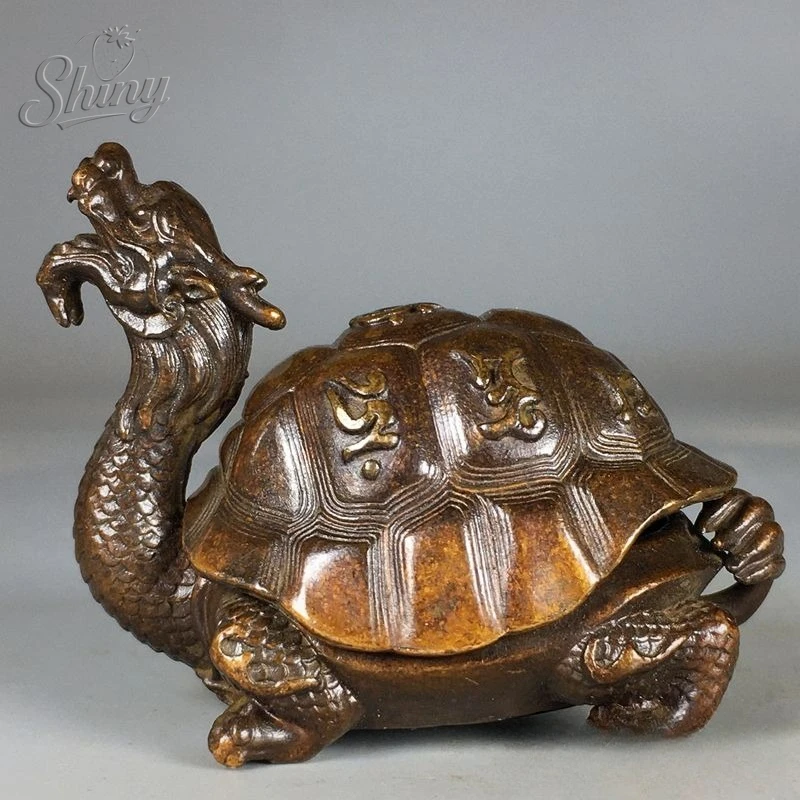 

2.3" Purple Copper Dragon Tortoise Incense Burner Ornament Five Emperor Coins Antique Copper Burner Decorative Piece