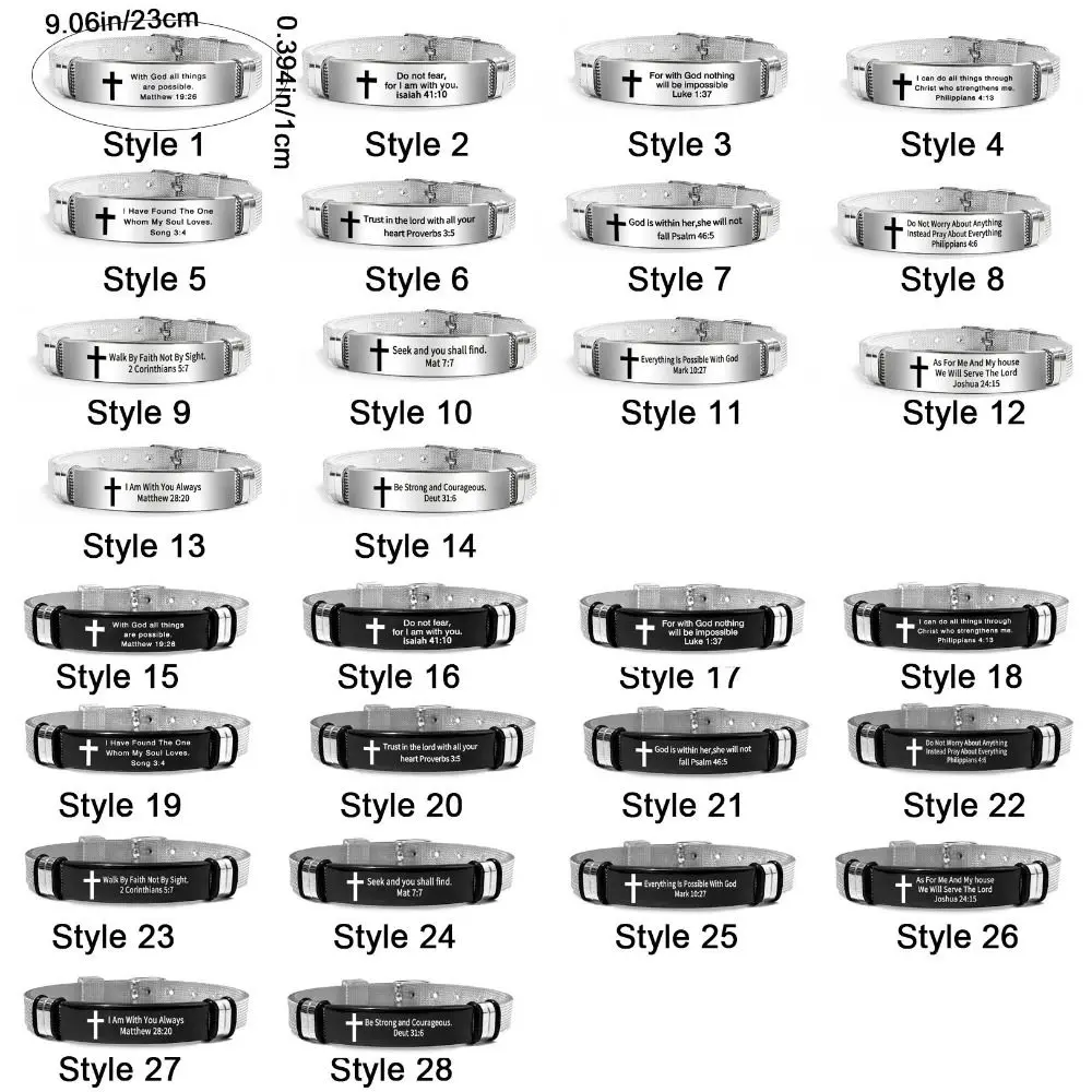 Pulseira de aço inoxidável/pvc com citações inspiradoras, pulseira ajustável para versículo da bíblia, pulseira cristã de prata