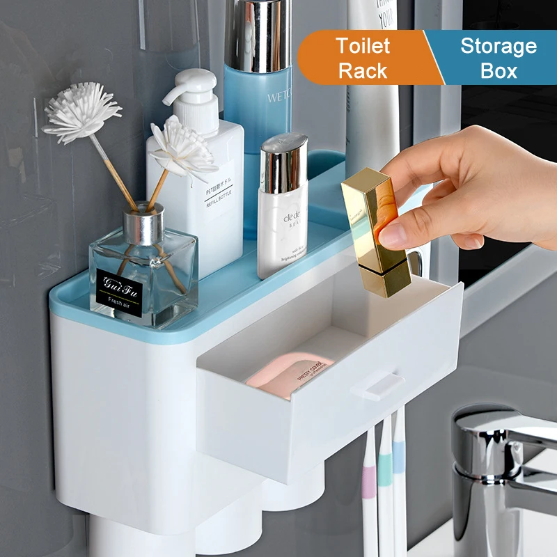 Wall-mounted Toothbrush Storage Holder Toothpaste Squeezer Punch-free Bathroom Storage Containers With Cup Toothpaste Dispenser