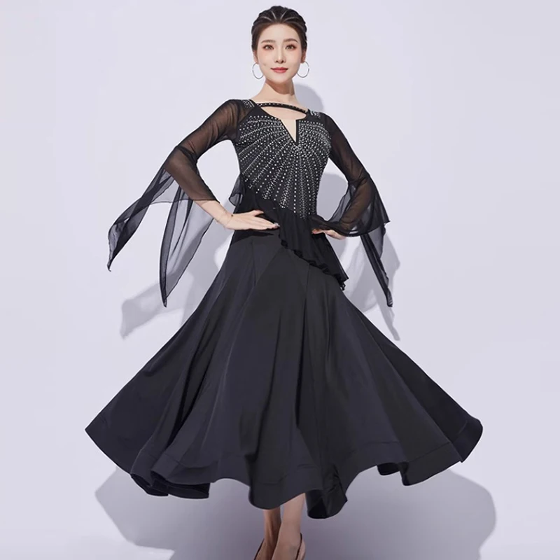 Czerwony strój do tańca towarzyskiego damski standard krajowy sukienka do ćwiczeń tańca siateczkowe rozkloszowane rękawy sukienki strój do walca występ 2200