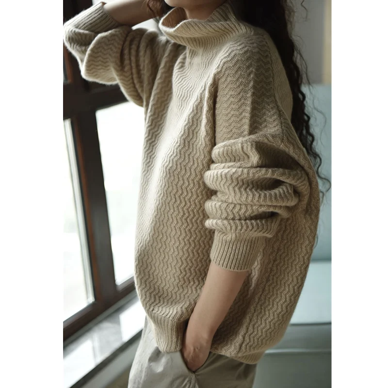 Wave pattern turtleneck cashmere sweater female autumn winter thickened languid lazy loose pullover sweater wear bottom knit