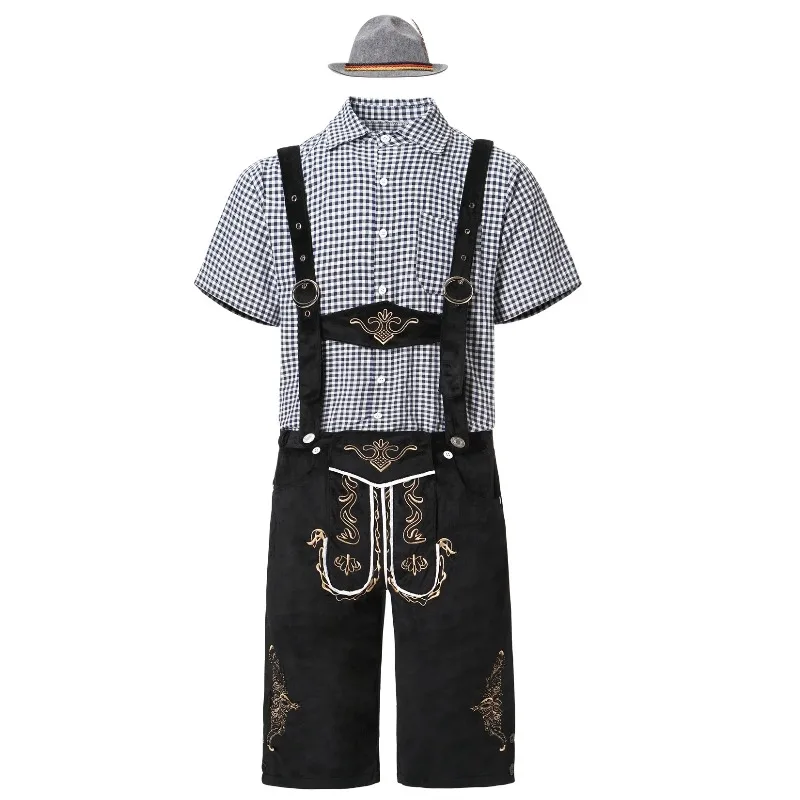 Men German Oktoberfest Lederhosen Costume Bavarian Beer Male Outfit Rompers Shirt Hat Set Cosplay Carnival Halloween Party Dress - view 6