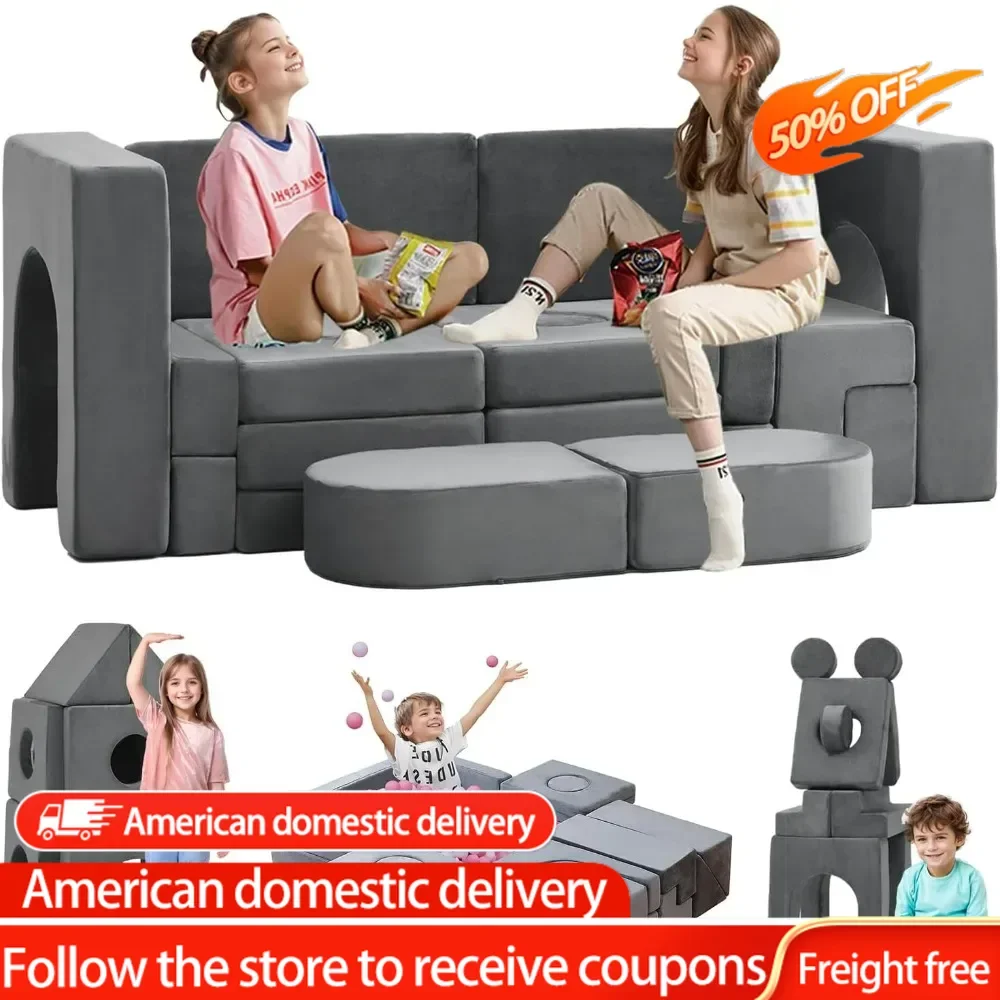 22Pcs Modular Kids Play Couch, Floor Sofa for Children, 1000+DIY Creativing Playroom Furniture for Toddlers， Convertible Foam