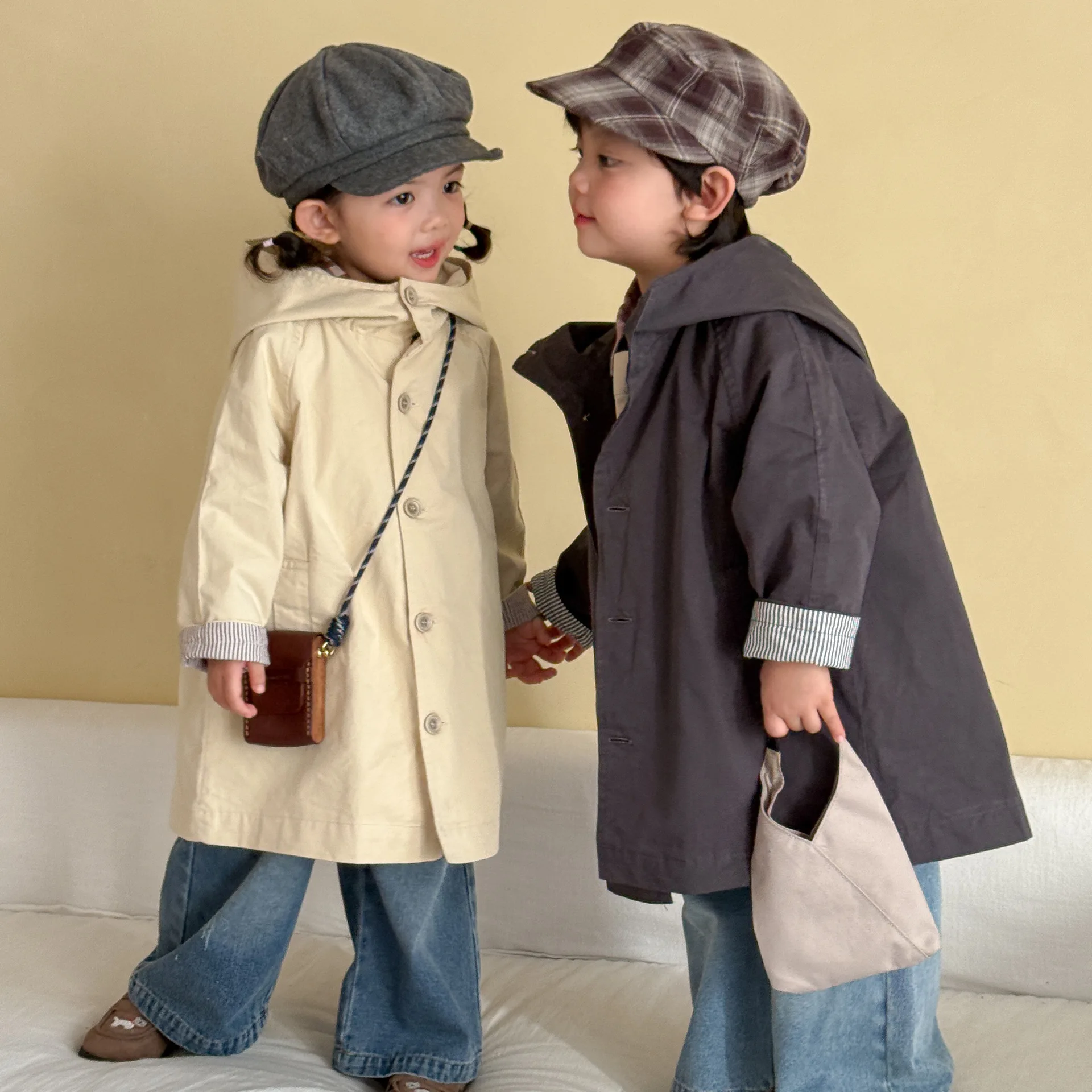 2026 Autumn New Children Hooded Windbreaker Solid Boys Long Sleeve Jacket Fashion Girls Loose Coat Cotton Overcoat Kids Clothes