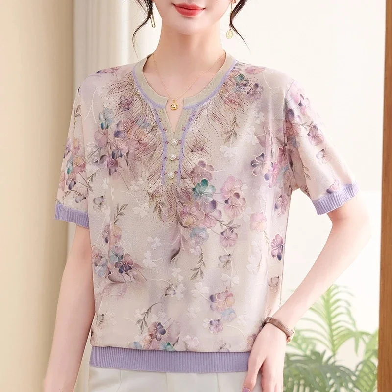 Elegant Mom Women Ice Silk Knit Top Summer Floral Print Short Sleeve V Neck Casual Blouse