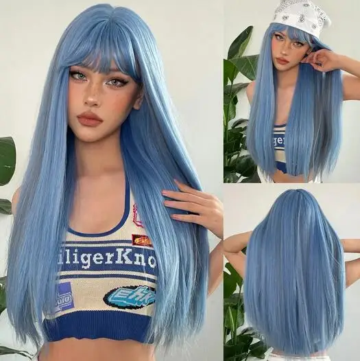 

Длинные прямые синтетические парики синий с пепером хайлайтер косплей парик с челкой ежедневные натуральные волосы для женщин Термостойкое волокно