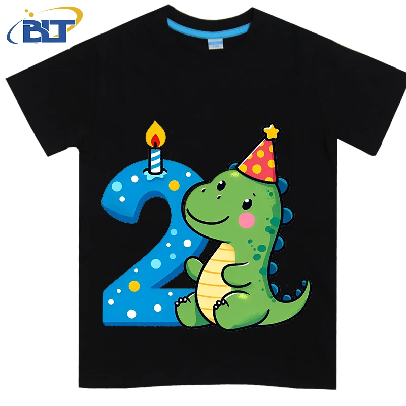 Dinosaur 2nd Birthday printed kids T-shirt, summer cotton short-sleeved casual top, suitable for boys and girls