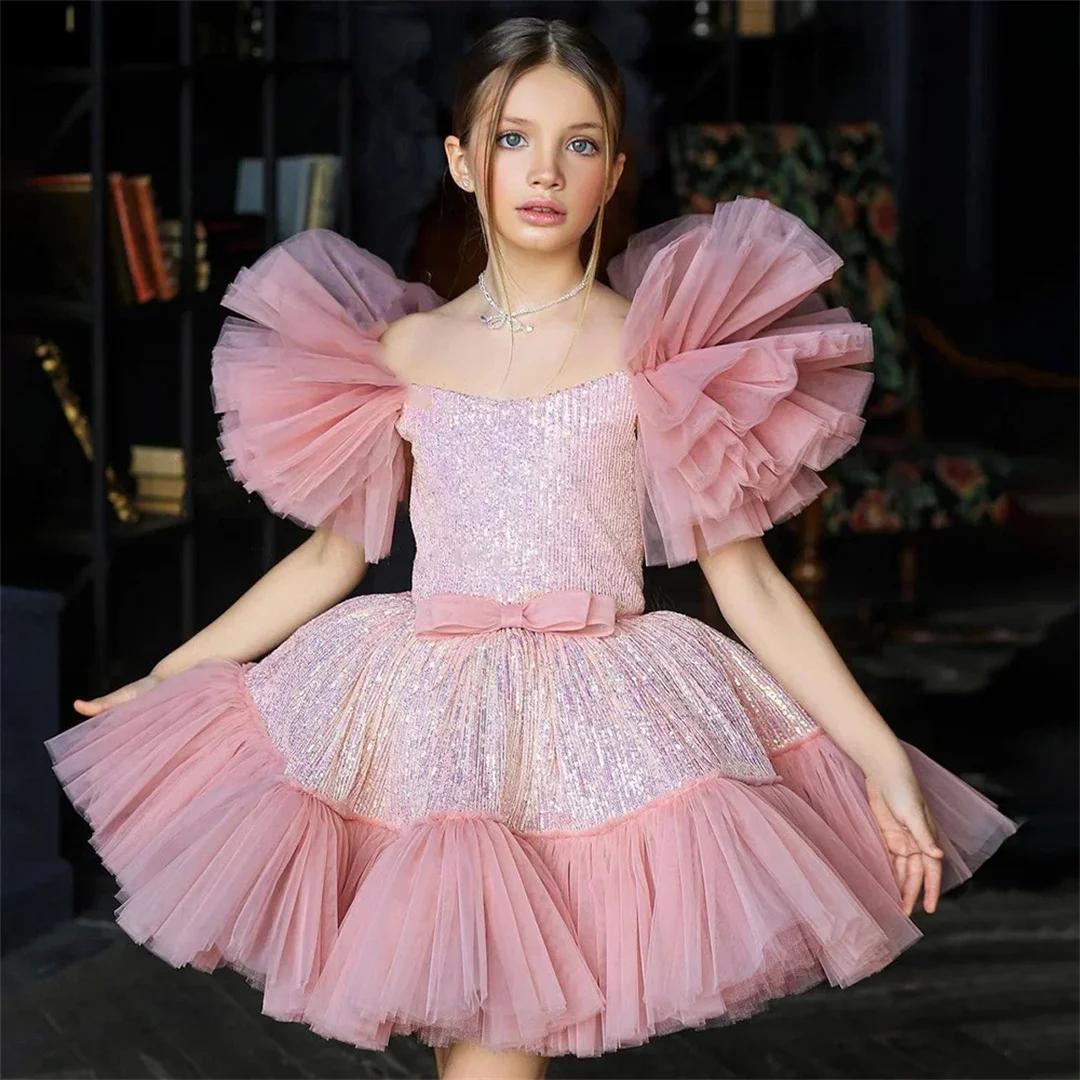 Pink Flower Girl Dress First Communion Dresses Tulle Fluffy Lotus Leaf Edge Feather Princess Wedding Party Pageant Ball