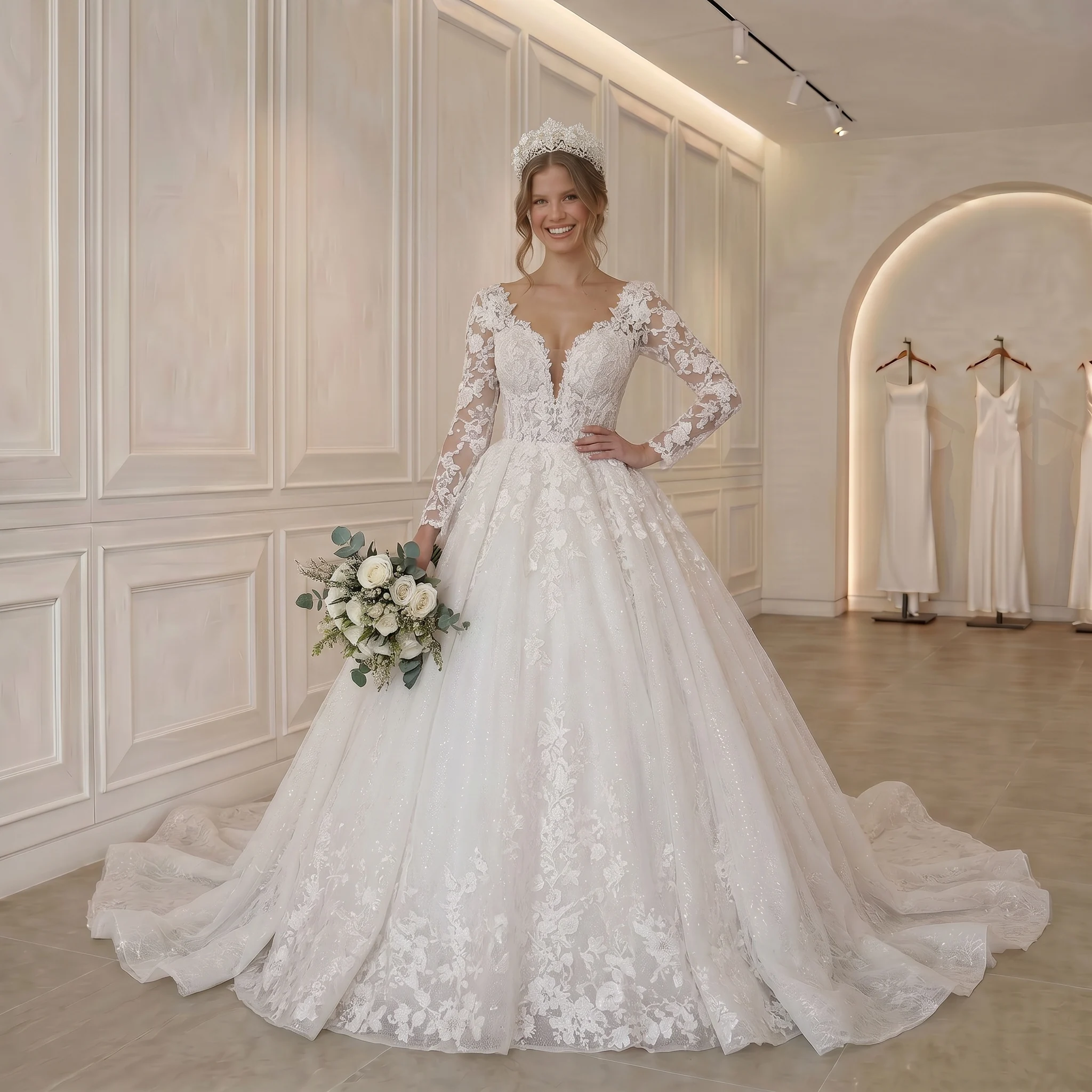 Long Sleeve Lace Ballgown Wedding Dress Allover Floral Lace Cathedral Train Princess Bridal Gown Custom Ivory Vestido De Novia