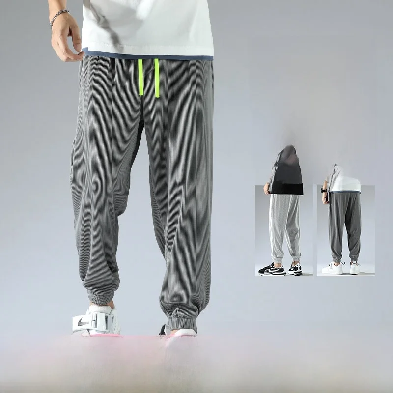 

Мужские летние тонкие свободные спортивные брюки-карго из ледяного шелка, быстросохнущие, повседневные, модные, молодежные, длиной 7/8