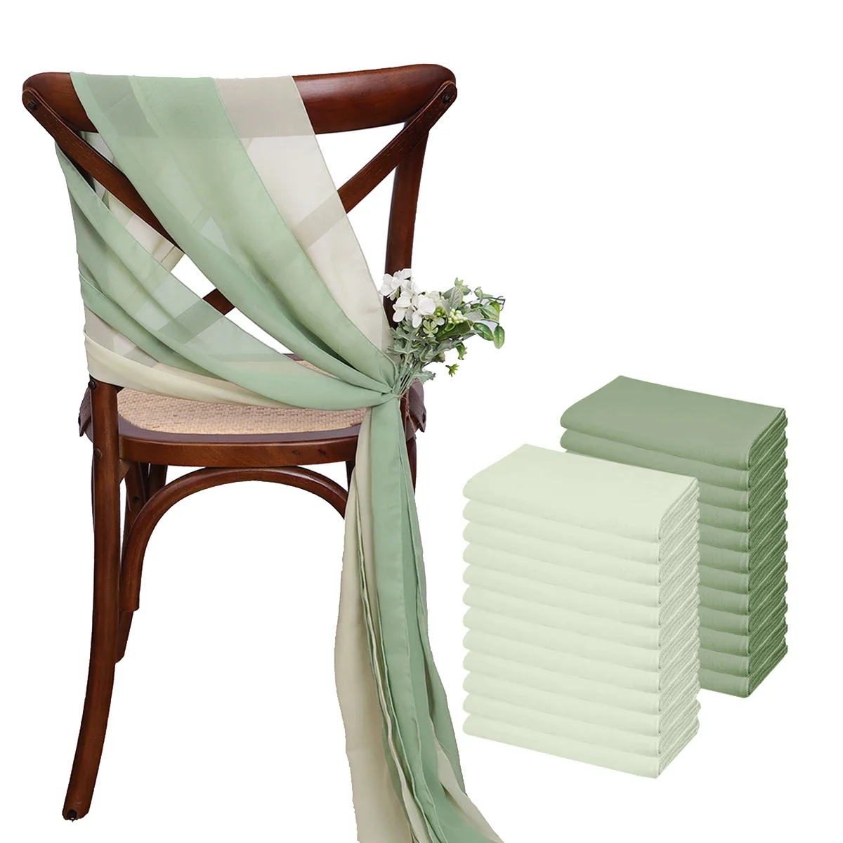 Elegant Sage Green Chiffon Chair Sashes Set of 12 for Wedding Party Decor - 24 Pieces 17x275cm Ribbon Chair Covers Aisle Decorat