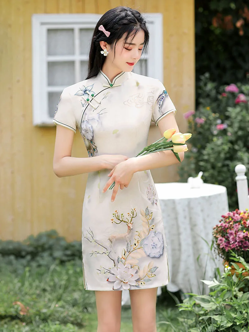 

Women Green White Cheongsam Summer Vintage Short Dress Plus Size Female Costumes Fashion Floral Qipao S To 3XL S2306