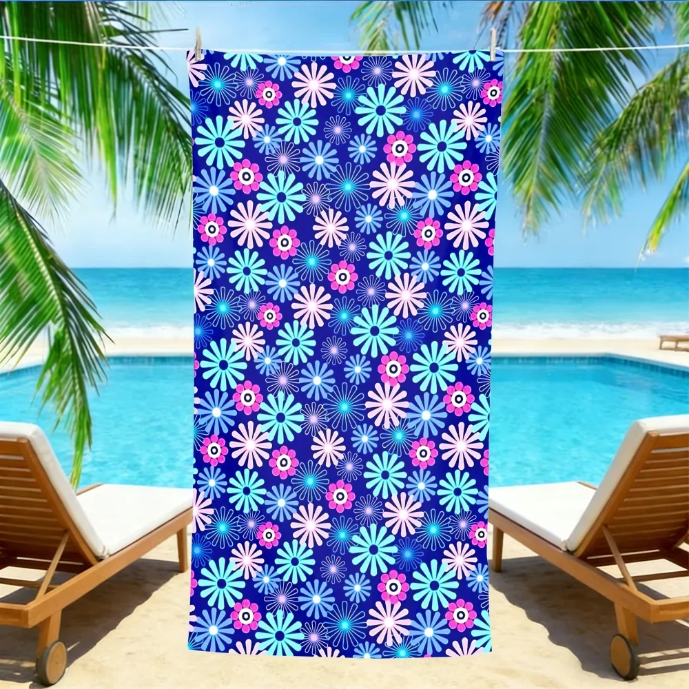 Neon Floral Beach Towel – Oversized Quick Dry Sand Free with Blue & Pink Daisy Print