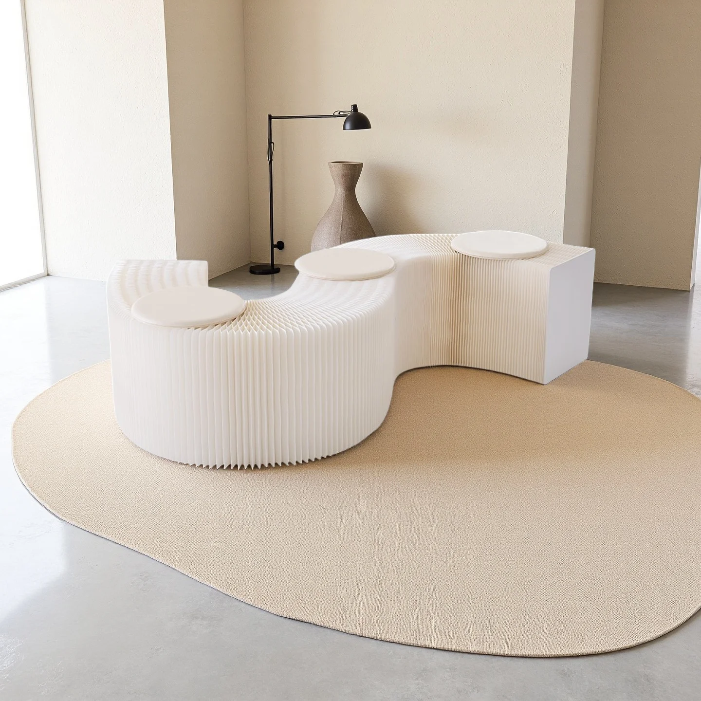 

Foldable Retractable Bench Folding Stool for Exhibition Halls, Rattan Kraft Paper Lounge Chair, Space Saving Furniture, 160cm