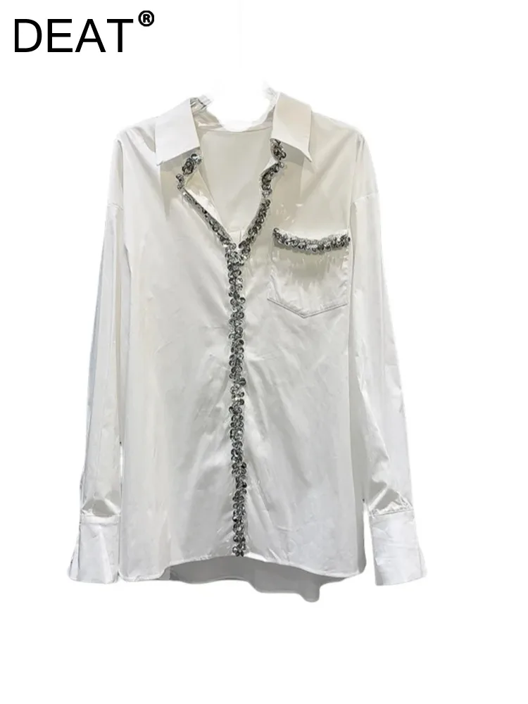 

DEAT Women's Shirt Loose White Single Pocket Sequins Beading V-neck Long Sleeve Female Blouse 2024 Autumn New Fashion 29L8154