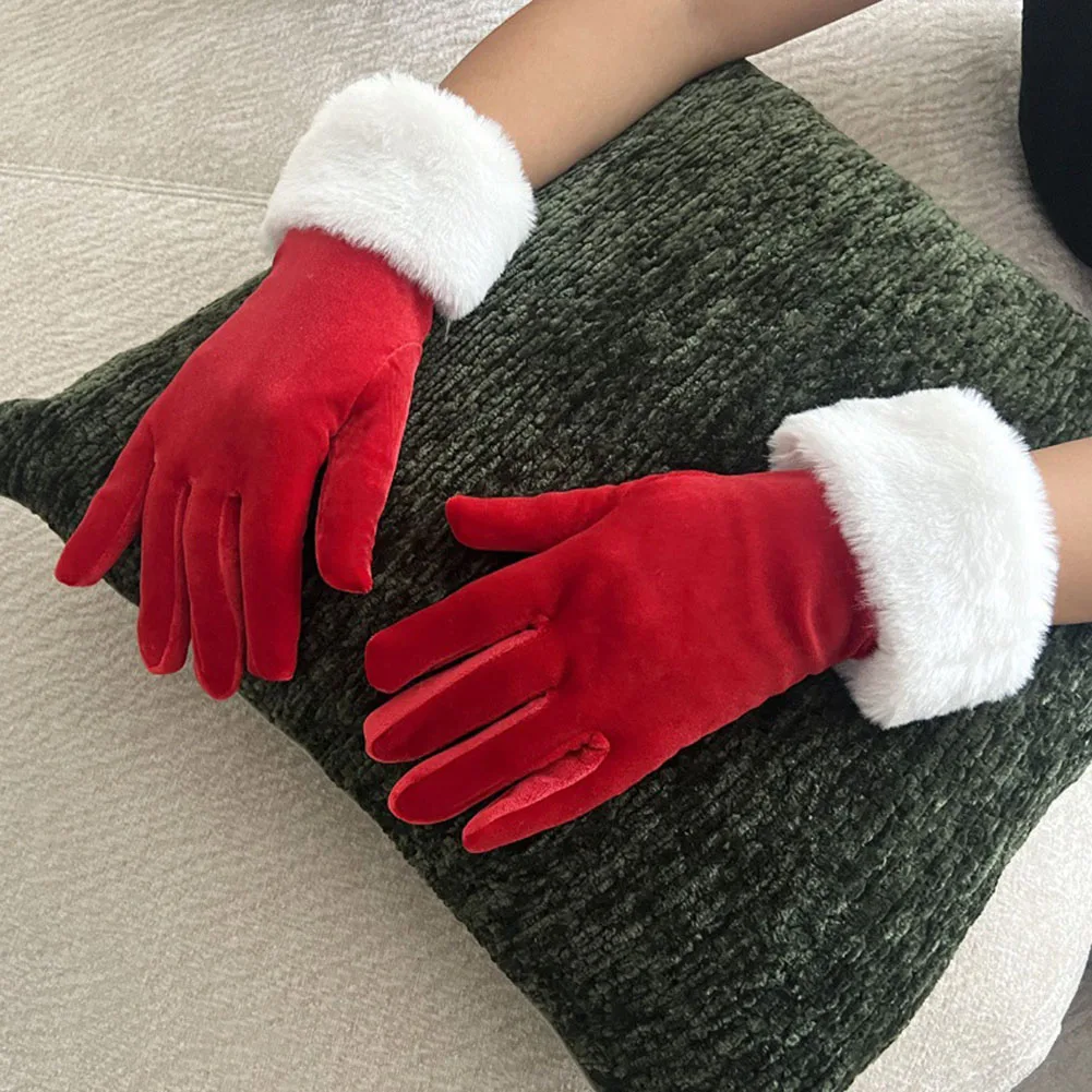 1Pair Christmas Party Gloves Red Gold Velvet White Plush Full Finger Gloves Festive Christmas Costume Accessories Mittens