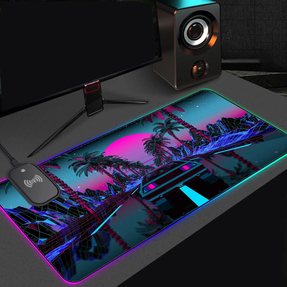 Wireless Charging Mouse Pad Vaporwave Car Night Scenery Palm Trees Pc Gaming Office Accessories Gamer Computer Table Mat Carpet