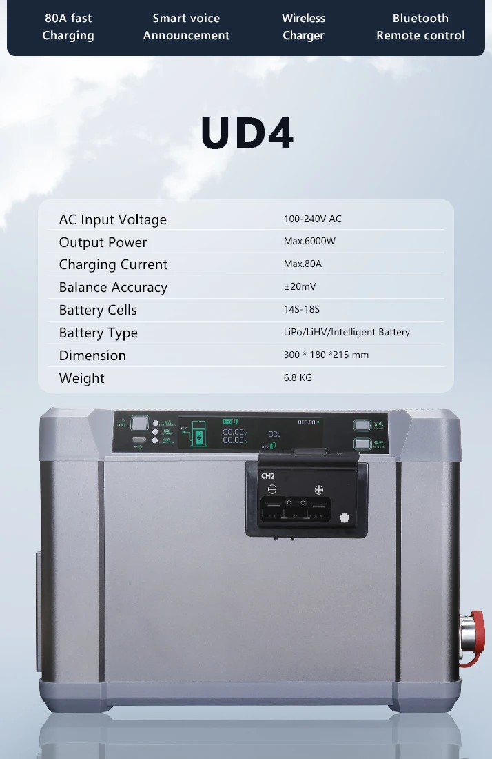 EV-PEAK UD4 Charging 14S/18S High Efficiency 6000W 80A Intelligent Balanced AI Assistant 2-Channel Fast Charging Charger