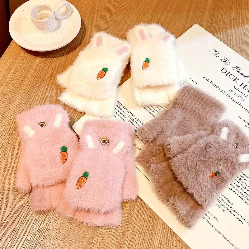 Cute Plush Gloves Cartoon Carrot Rabbit Ears Winter Warm Half Fingers Flip Knitted Gloves For Women Girls Thicken Cycling Mitten