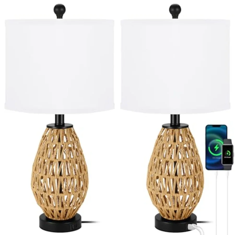 

Coastal Table Lamps Set of 2, Retro Rattan Woven 24" Bedside Lamp, for Bedroom Living Room Home Nightstand Table Lamp with USB