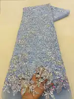 Tela de encaje de lentejuelas africanas azul cielo 2025, tela de malla nigeriana bordada de encaje de alta calidad, vestido de fiesta de boda francés para mujer